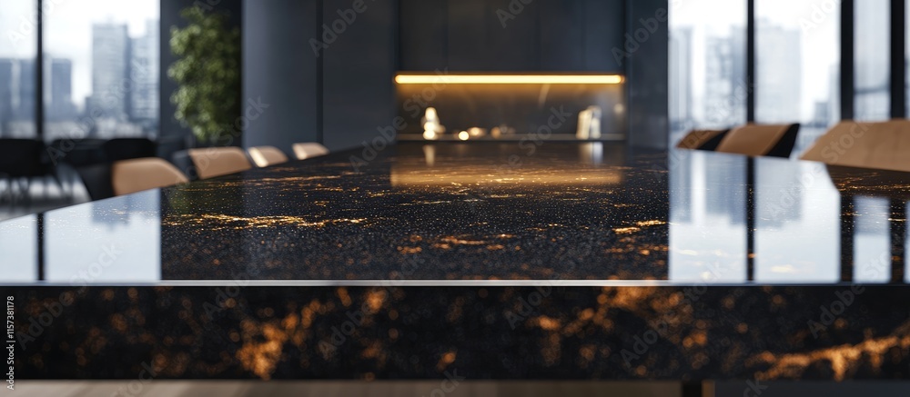 Elegant black granite countertop in modern setting with urban skyline backdrop ideal for promotional text or branding opportunities Elegant black granite countertop in modern setting with urban skyline backdrop ideal for promotional text or branding opportunities