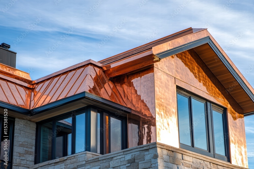 Elegant private house features a dazzling copper roof under clear blue sky Elegant private house features a dazzling copper roof under clear blue sky