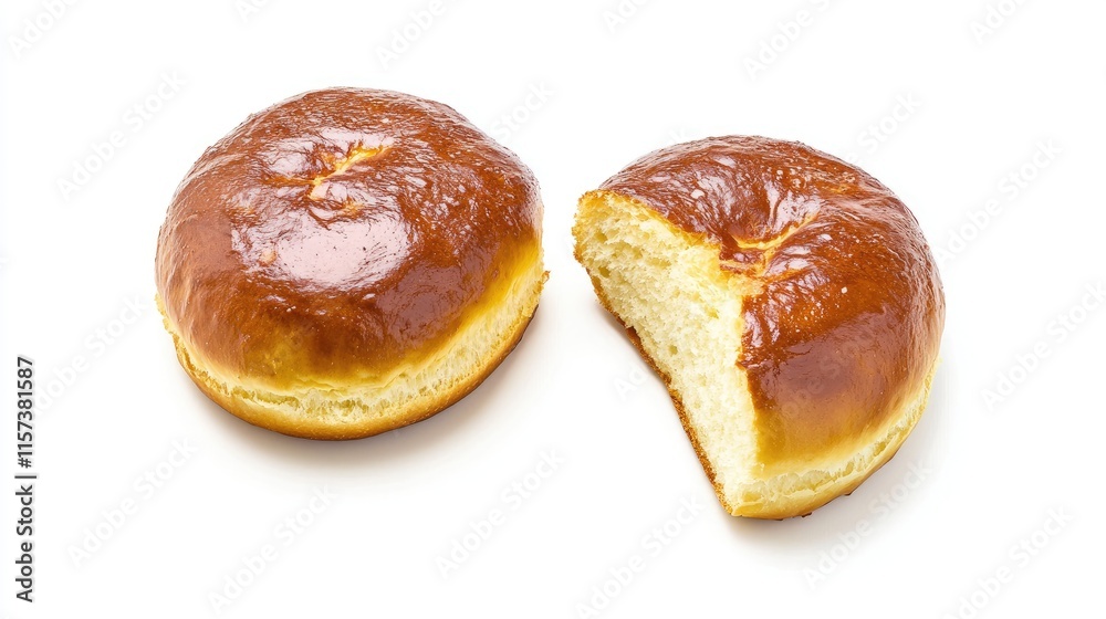 Freshly baked round crusty bun halved on a clean white background showcasing its golden crust and soft interior ideal for food photography. Freshly baked round crusty bun halved on a clean white background showcasing its golden crust and soft interior ideal for food photography.