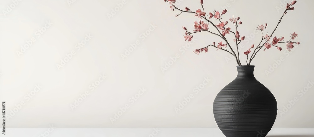 Minimalist black terracotta vase with delicate flower arrangement on a clean white background for elegant home decor and design inspiration