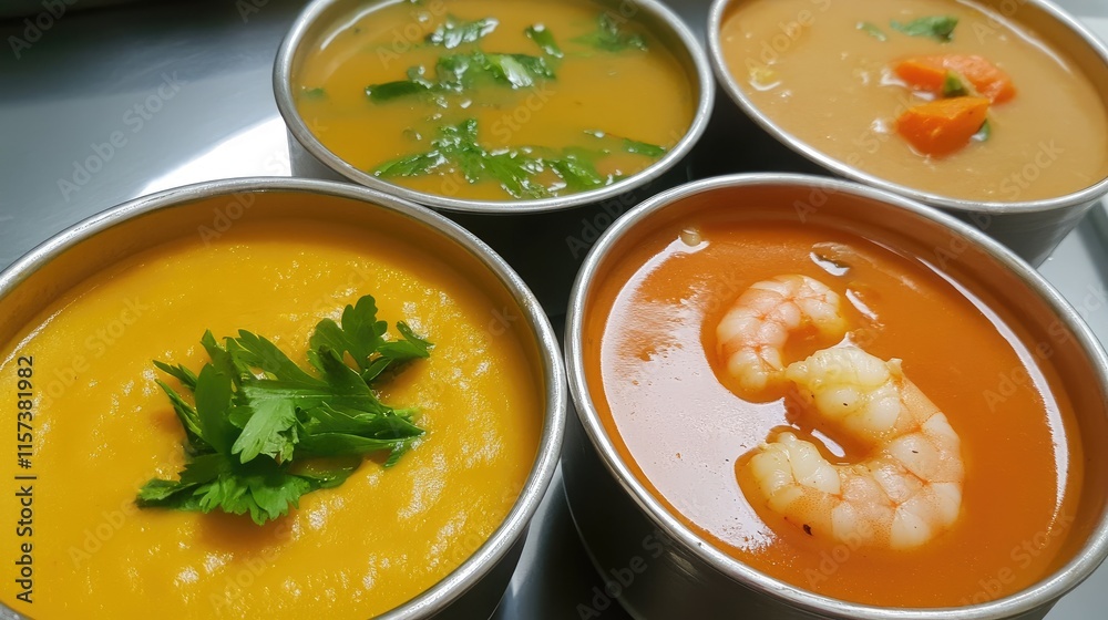 Assorted Homemade Soups with Shrimp Chicken and Vegetable in Steel Bowls Fresh Ingredients Ready for Delivery on a Silver Background Assorted Homemade Soups with Shrimp Chicken and Vegetable in Steel Bowls Fresh Ingredients Ready for Delivery on a Silver Background