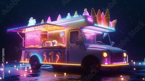 Neon Ice Cream Truck Under Night Sky