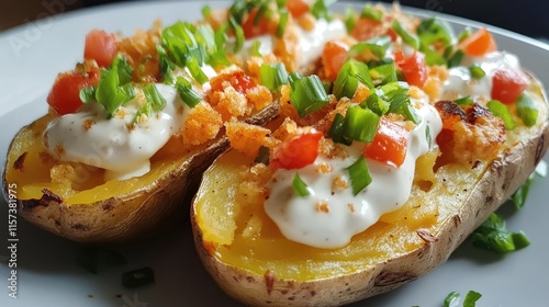 Baked Golden Potatoes Topped with Creamy Sauce Tomatoes and Green Onions in a Vegetarian Dish photo