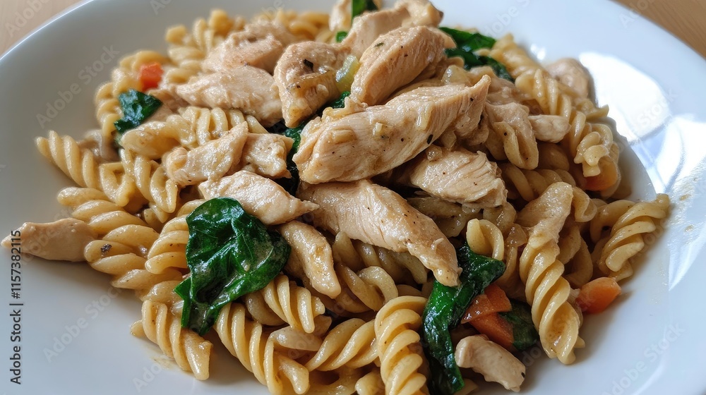 Delicious Multigrain Pasta with Chicken and Spinach Freshly Prepared on a White Plate Delicious Multigrain Pasta with Chicken and Spinach Freshly Prepared on a White Plate