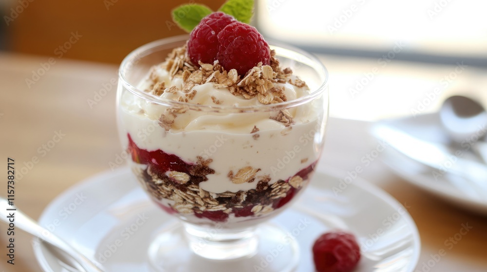 Delicious homemade bircher muesli layered with yogurt and fresh raspberries in a clear glass on a wooden table Delicious homemade bircher muesli layered with yogurt and fresh raspberries in a clear glass on a wooden table