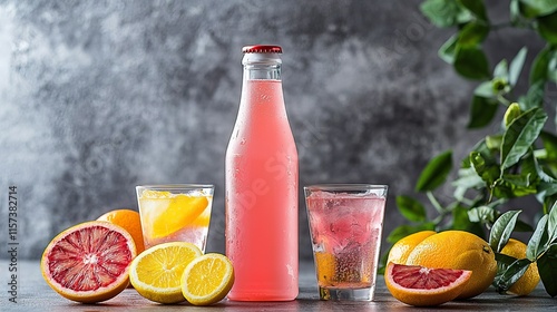 Hard Seltzers Bursting with Bold Citrus Flavor. A refreshing display of colorful citrus beverages, featuring a pink drink in a bottle and two glasses, surrounded by vibrant oranges and lemons. photo