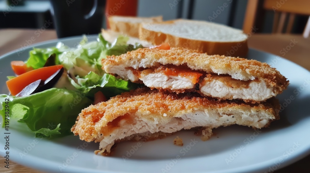 Crispy breaded chicken cutlet served with fresh salad and sliced bread highlighting a delicious homemade meal setting Crispy breaded chicken cutlet served with fresh salad and sliced bread highlighting a delicious homemade meal setting