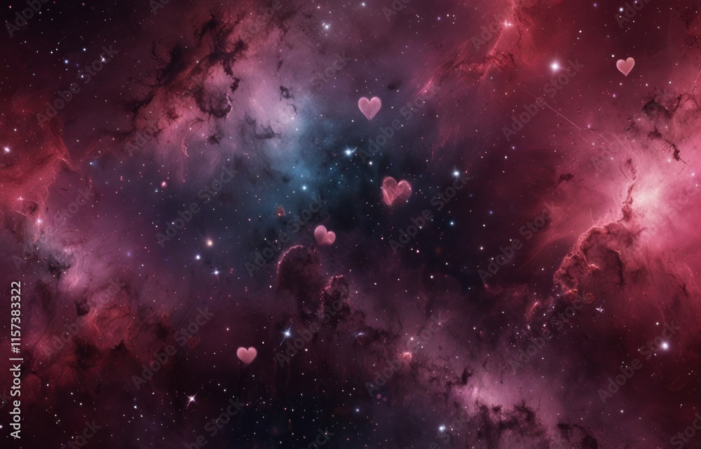Obraz premium The cosmic nebula in pink colors. Valentine's Day banner concept, hearts, space of love