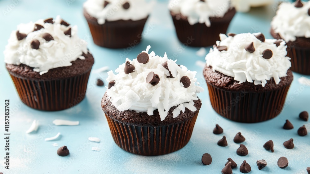 Homemade chocolate cupcakes topped with coconut cream and chocolate chips on a blue background perfect for holiday celebrations Homemade chocolate cupcakes topped with coconut cream and chocolate chips on a blue background perfect for holiday celebrations