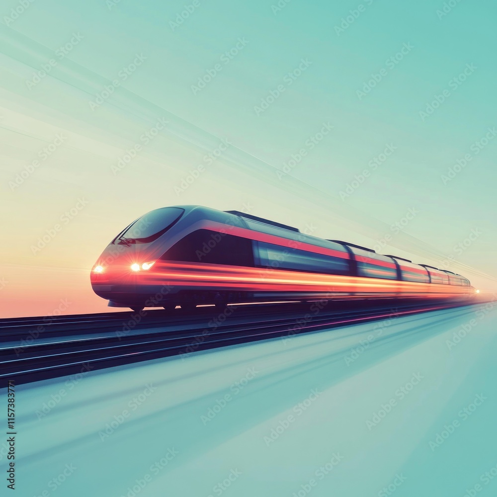 Fototapeta premium High-speed train speeding on tracks at sunset.