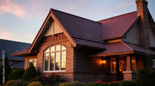 Wallpaper Mural Residential House at Dusk with Brown Roof and Brick Exterior Torontodigital.ca