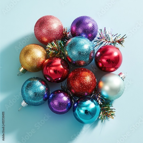 Colorful glitter Christmas baubles on blue background. photo