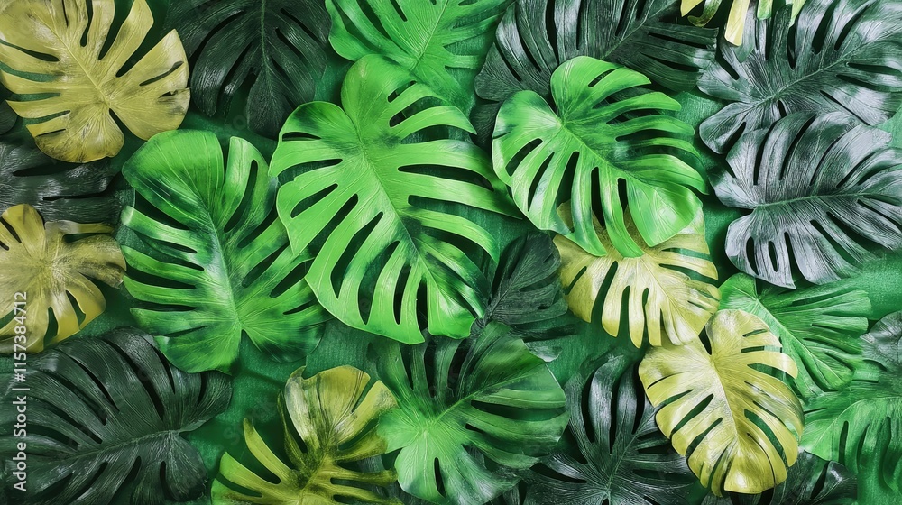 Fototapeta premium Vibrant Display of Artificial Palm and Monstera Leaves for Tropical Decor and Design Applications