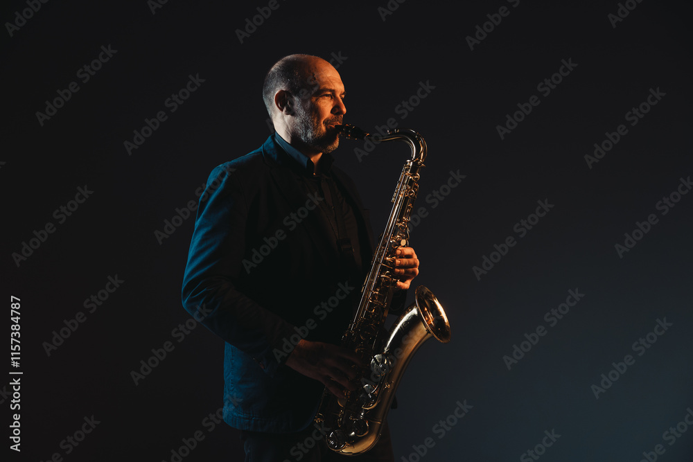 Naklejka premium Saxophonist in Spotlight Creating Melodic Harmony
