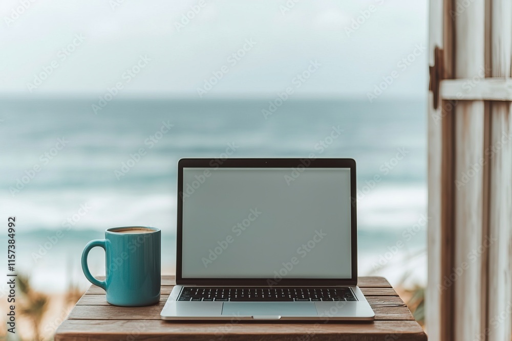 Fototapeta premium Freedom to Roam. Remote Work Adventures Await. A serene workspace by the ocean, featuring a laptop on a wooden table and a coffee mug, perfect for relaxation and productivity.