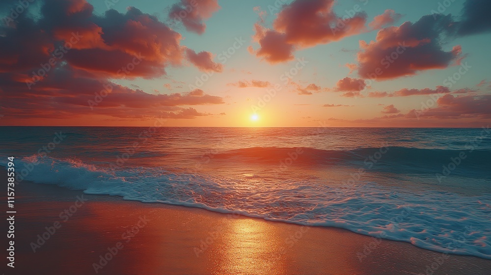 Vibrant sunset over ocean beach with waves gently lapping the shore.