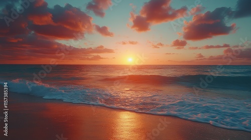 Vibrant sunset over ocean beach with waves gently lapping the shore.