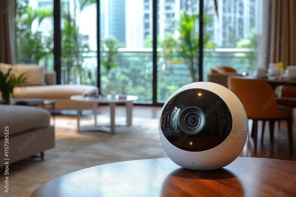 Obraz premium Smart CCTV camera positioned in modern apartment interior with large windows