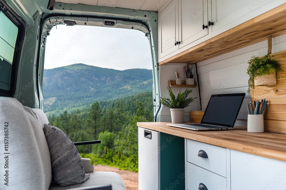 Fototapeta premium Balancing Freedom and Flexibility with Remote Work. A cozy van interior featuring a workspace, a laptop, and a scenic mountain view through the open door.