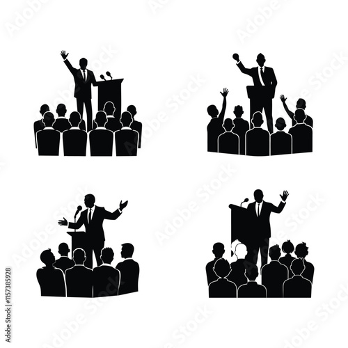 silhouette of a CEO giving a speech at a podium in front of team members vector