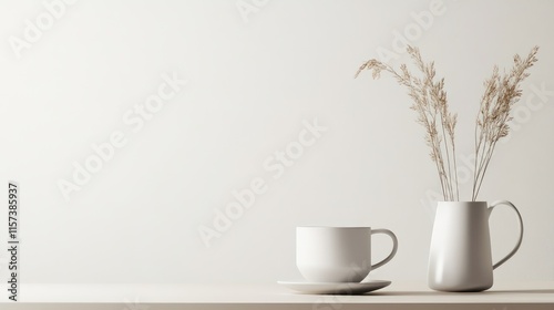 Wallpaper Mural Minimalist Brand Visual Identity Mockup with White Cup and Vase on Simple Table Against Neutral Background Torontodigital.ca