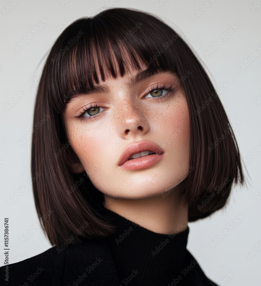 Close Up Young Woman with a Sleek Dark Brown Bob and Soft Freckles, Wearing a Black High Neck Sweater Close Up Young Woman with a Sleek Dark Brown Bob and Soft Freckles, Wearing a Black High Neck Sweater