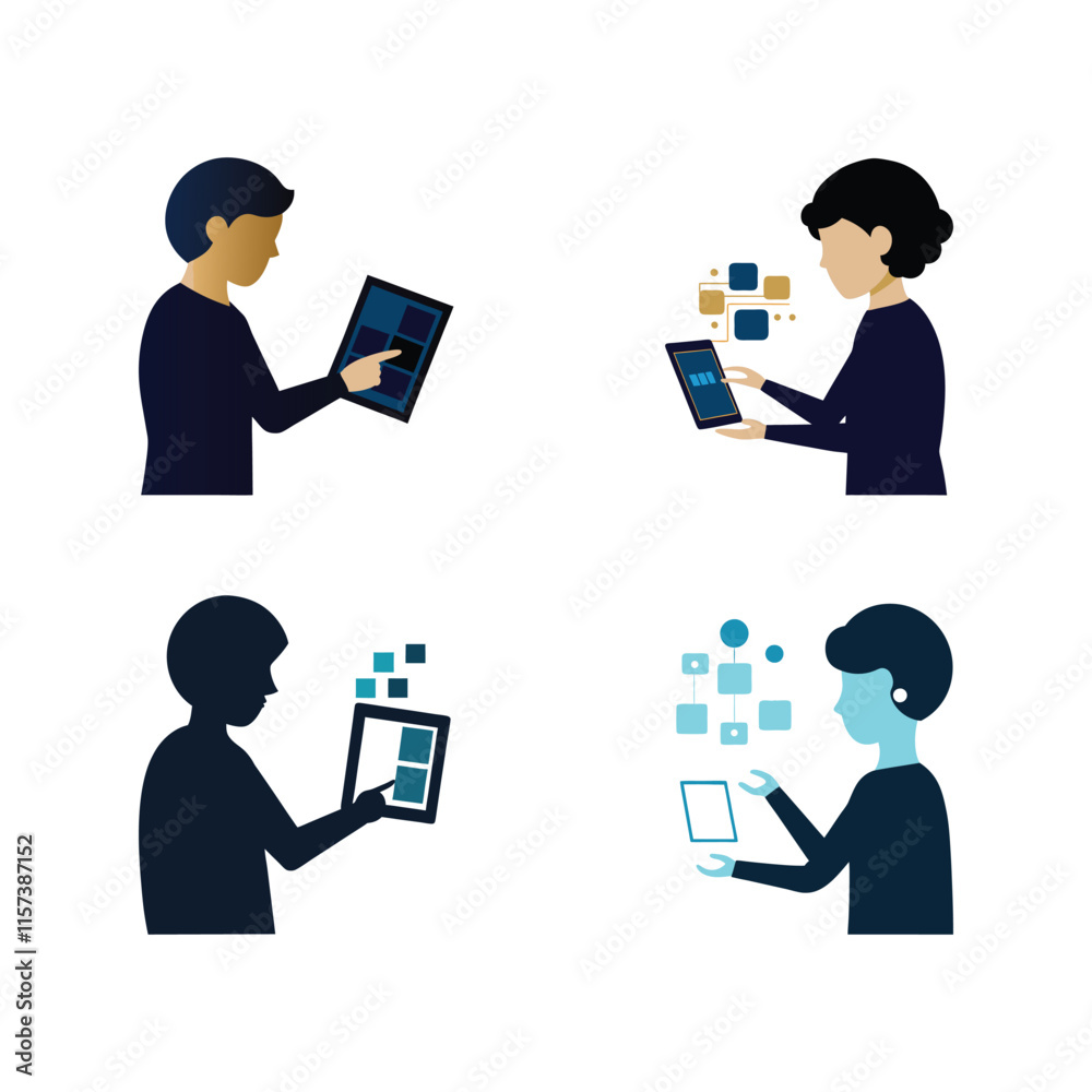silhouette of a person using touch screen presenting technology in workspace color vector silhouette of a person using touch screen presenting technology in workspace color vector