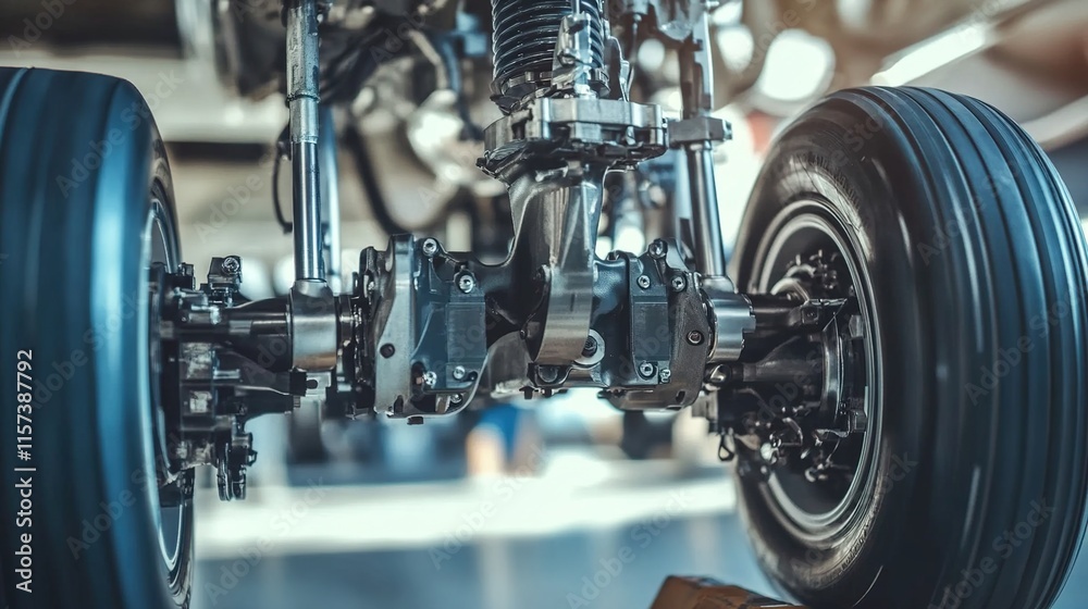 Fototapeta premium Airplane wheel compartment with mechanical components and hydraulic systems, essential for safe landing and takeoff. Precision engineering and aviation safety concepts.