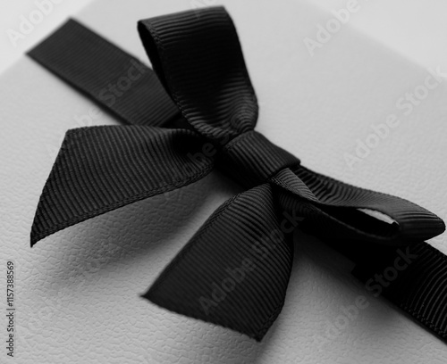 Grayscale Image of Black Bow with Ribbon on Gray Background. Symbolic Illustration on the Theme of Bad News
 photo