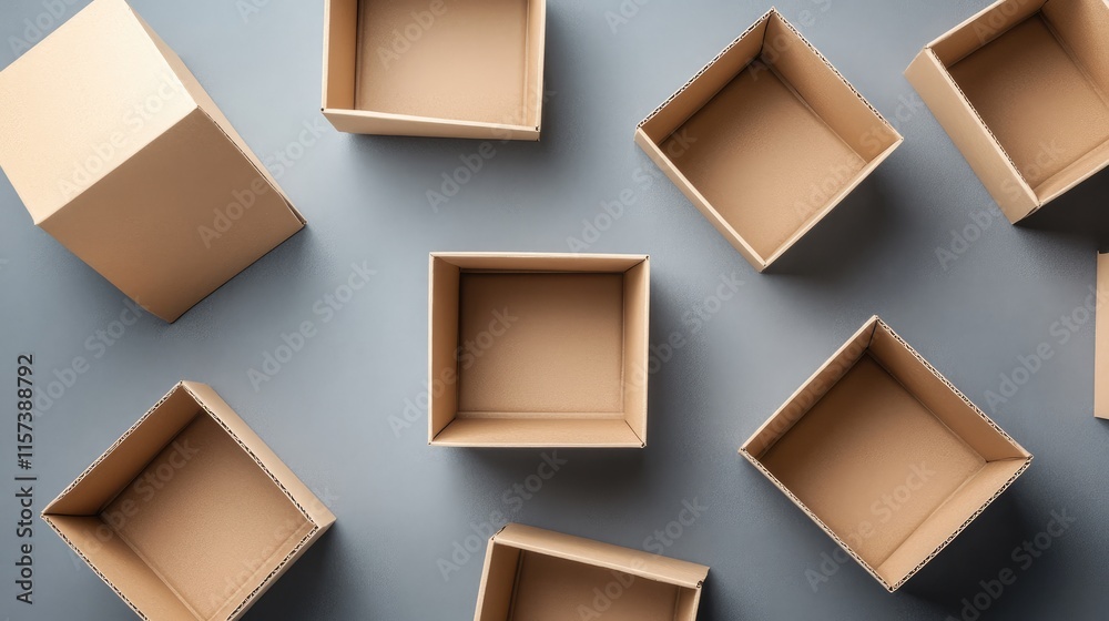 Fototapeta premium Brown square cardboard boxes arranged on a gray background showcasing both opened and closed perspectives for packaging and storage concepts.