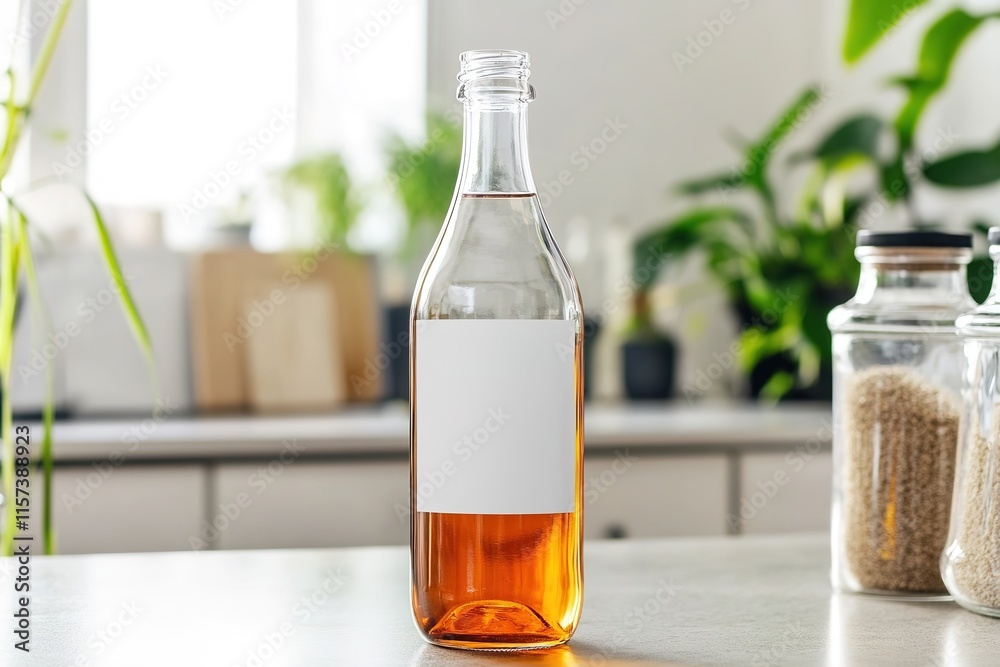 glass bottle mockup with blank label styled on kitchen counter with soft natural light glass bottle mockup with blank label styled on kitchen counter with soft natural light