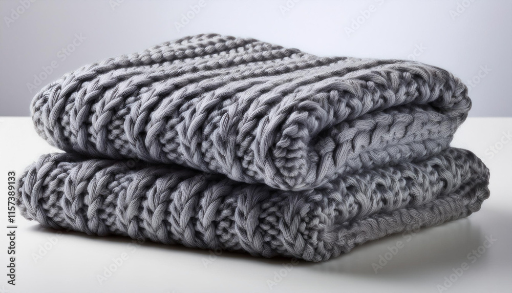 Two gray knitted blankets are stacked on top of each other Two gray knitted blankets are stacked on top of each other