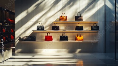 Sunlit luxury handbags displayed on minimalist shelves in a modern boutique.