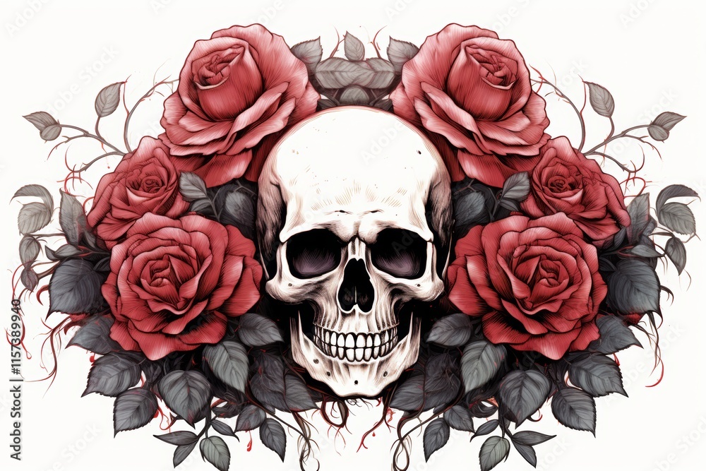 Minimalist skeleton drawing with delicate lines and a bright red rose on a white background Minimalist skeleton drawing with delicate lines and a bright red rose on a white background