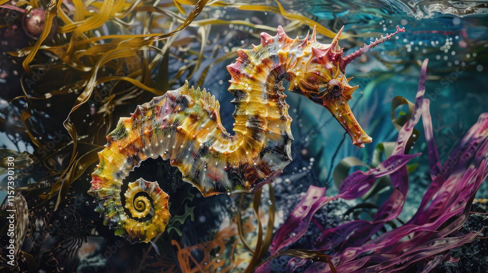 Obraz premium An artistic view of a seahorse floating among vibrant seaweed in shallow waters