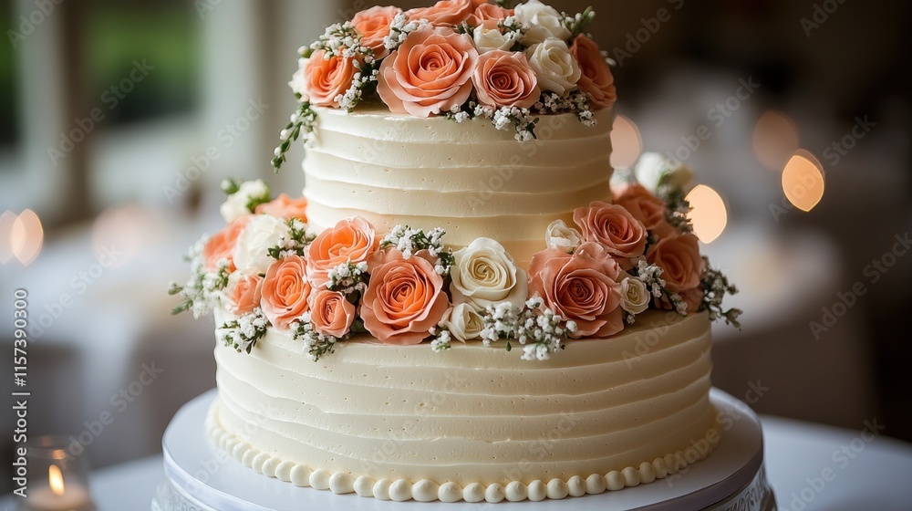 Fototapeta premium Two-tiered wedding cake decorated with peach and white roses.