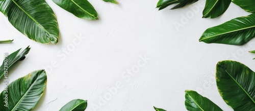 Green Banana Leaves Framed on White Surface with Space for Text and Design Elements suitable for Tropical or Nature Themes photo