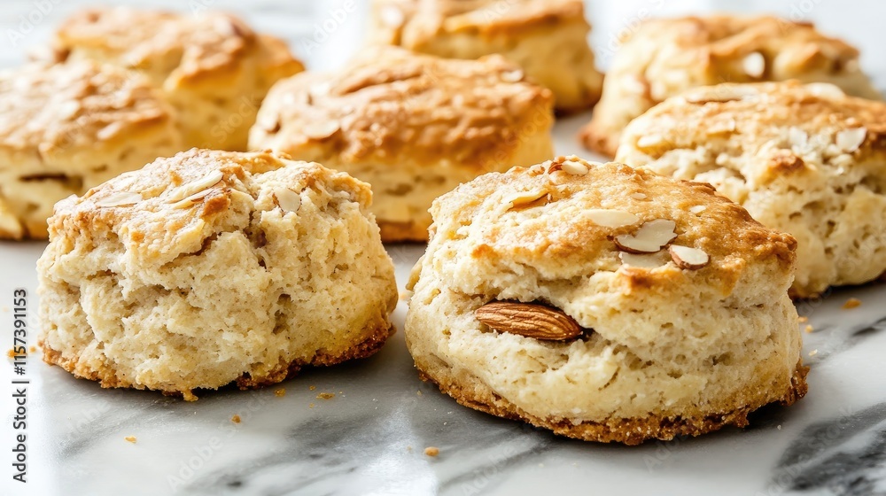 Homemade almond biscuits baked to perfection with whole almonds for a delicious texture and flavor on a marble surface Homemade almond biscuits baked to perfection with whole almonds for a delicious texture and flavor on a marble surface