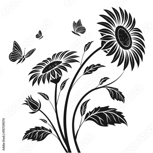 Sunflower Field vector silhouette black design white background