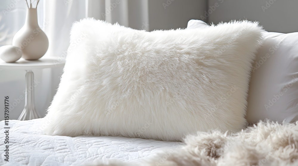 Cozy white fur pillow on bed modern bedroom home decor comfortable environment close-up view textured aesthetic Cozy white fur pillow on bed modern bedroom home decor comfortable environment close-up view textured aesthetic