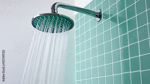 Refreshing Shower: A close-up shot of a modern shower head, with cascading water streams against a backdrop of cool, turquoise tiles. The image evokes a sense of tranquility and rejuvenation.