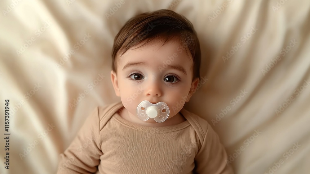 A baby with a pacifier lying on a soft surface. A baby with a pacifier lying on a soft surface.