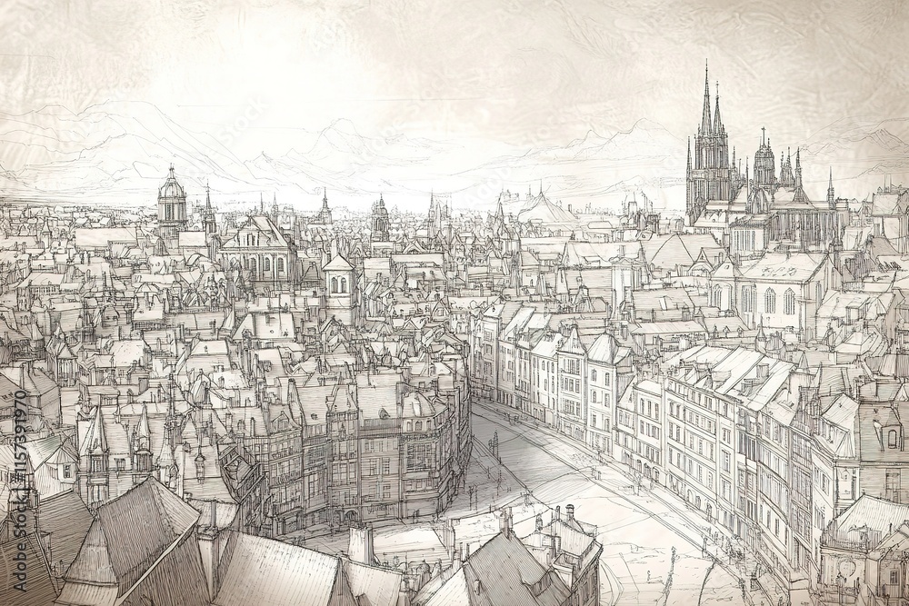 Obraz premium intricate cityscape rendered in engraving style with lines depicting historic architecture and cobblestone streets