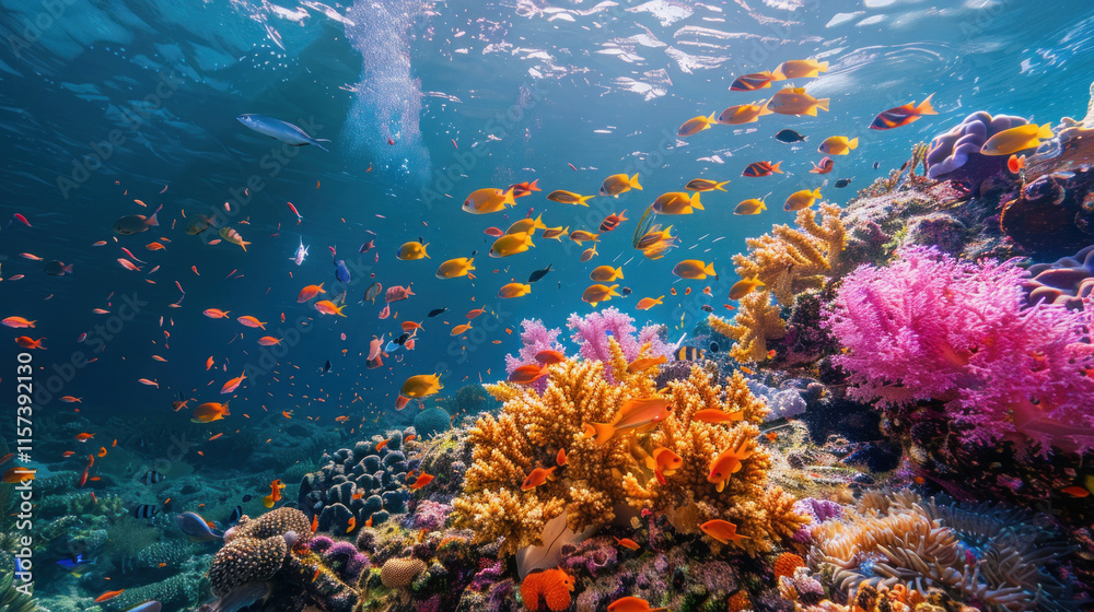 Fototapeta premium An underwater coral garden brimming with life, featuring soft corals swaying with the currents and fish weaving through the structures