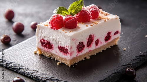 Refreshing raspberry cheesecake slice garnished with mint on a dark stone surface perfect for dessert promotion and culinary creativity photo