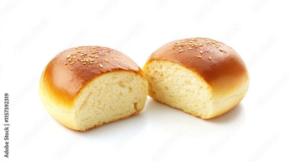 Freshly baked round crusty bun sliced in half showcasing soft fluffy interior on a clean white background Freshly baked round crusty bun sliced in half showcasing soft fluffy interior on a clean white background