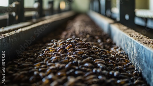 Insect farming facility showcasing rows of live maggots for sustainable animal feed with a blurred background and ample text space