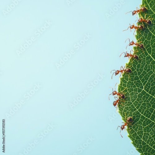 Ants marching on a green leaf against a light blue background. photo