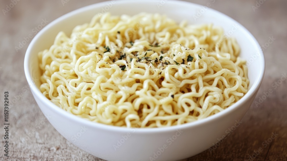 Instant ramen noodles served in a white bowl garnished with seasoning on a textured background for a cozy meal vibe Instant ramen noodles served in a white bowl garnished with seasoning on a textured background for a cozy meal vibe