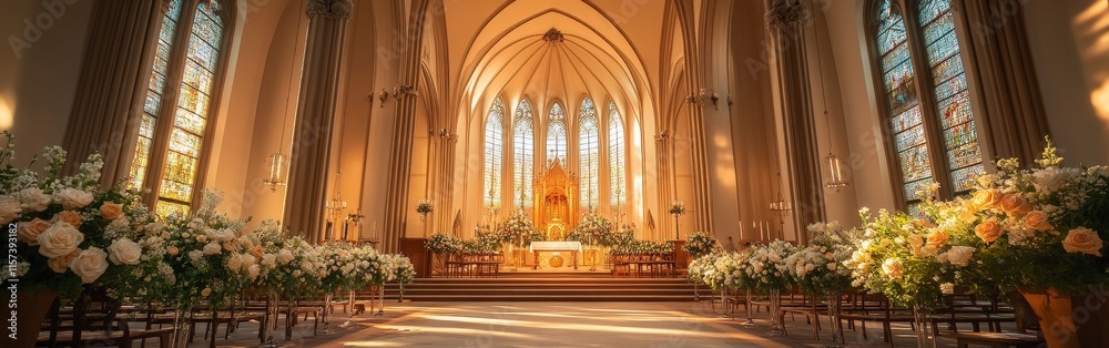 Fototapeta premium Elegant Church Interior with Grand Wedding Decorations and Floral Arrangements